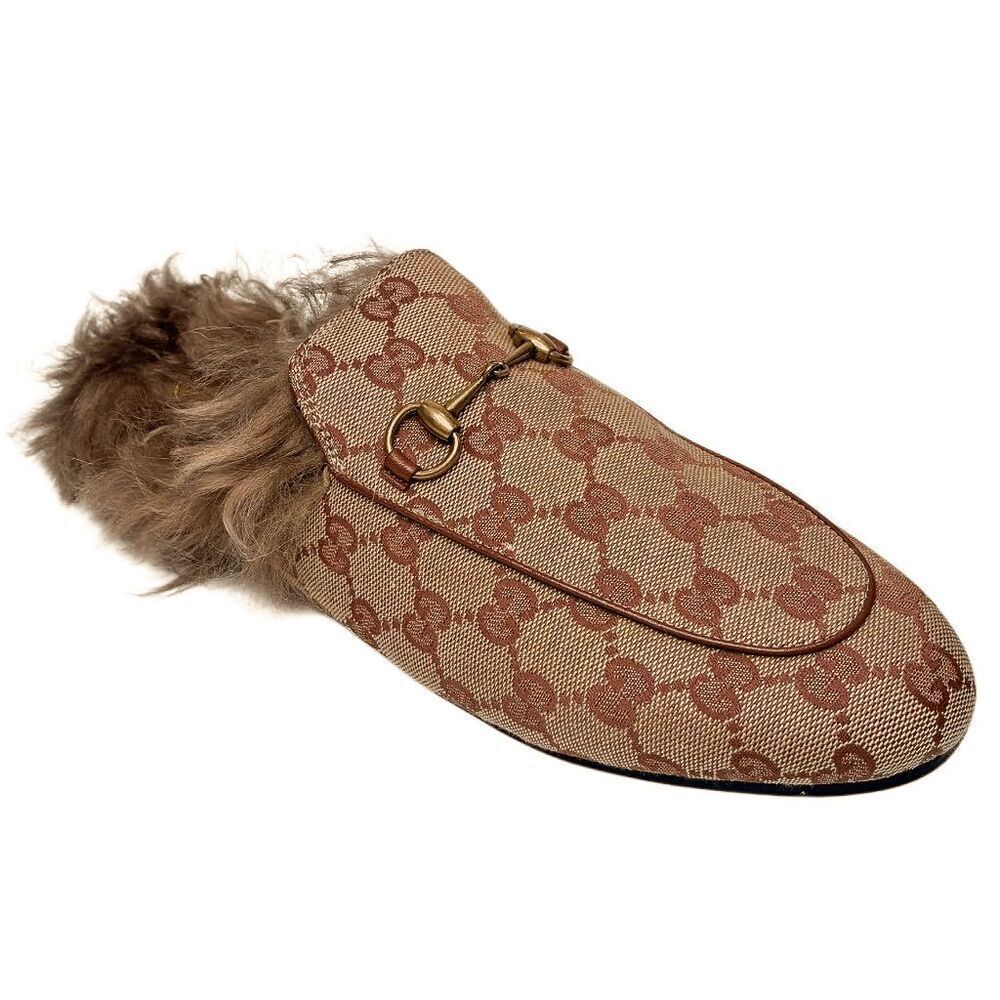 Gucci Princetown Monogram Beige GG Canvas Fur Lined Loafers Flat Slides Size 41